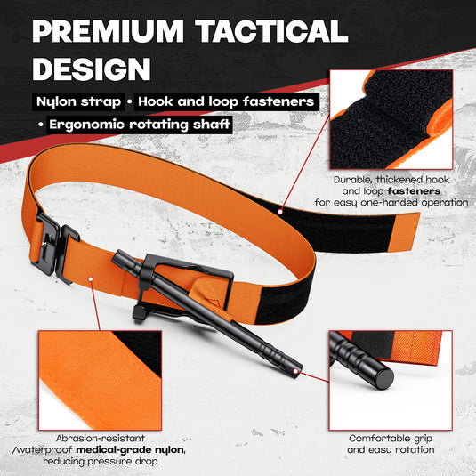 Orange Qen Tourniquet for Severe Bleeding Control, Gear for First Aid Kits and Tourniquet Kits, Suitable for Emergencies, One-Handed Operation